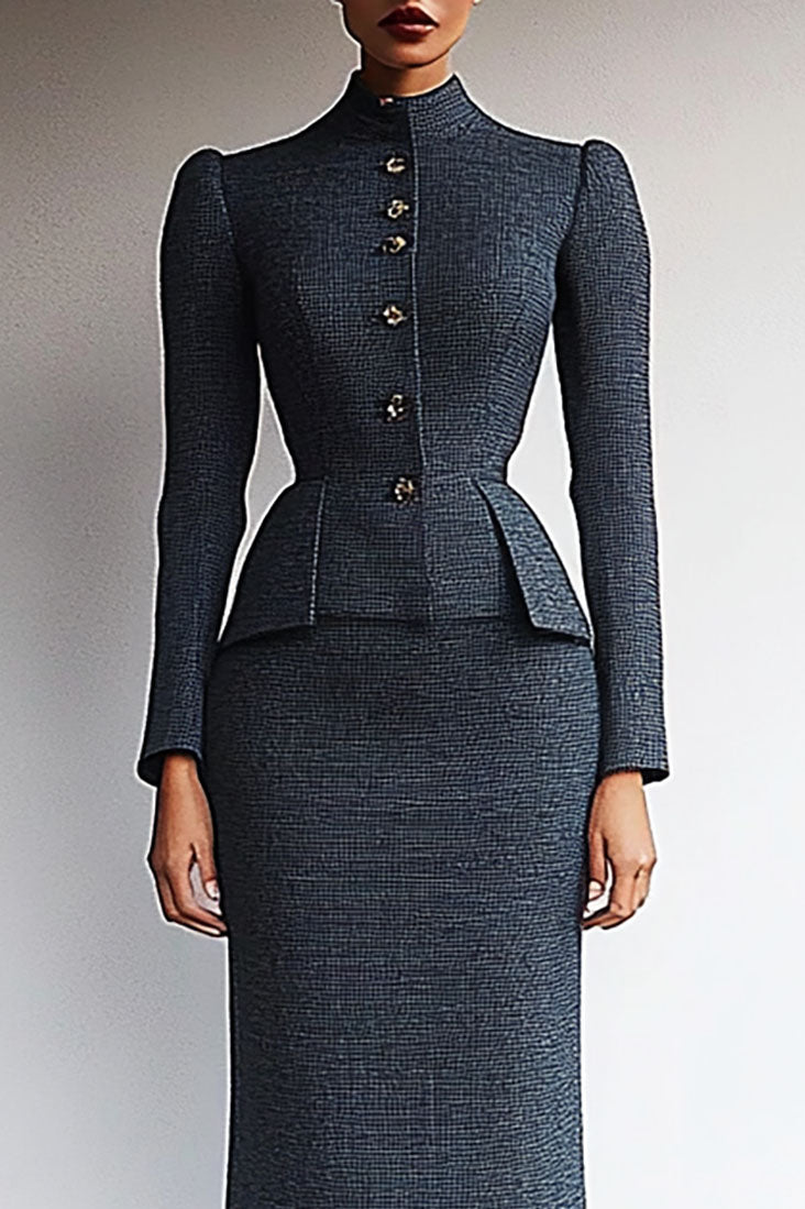 Work Suit Set Gray Stand Collar Tweed Long Sleeve Midi Skirt