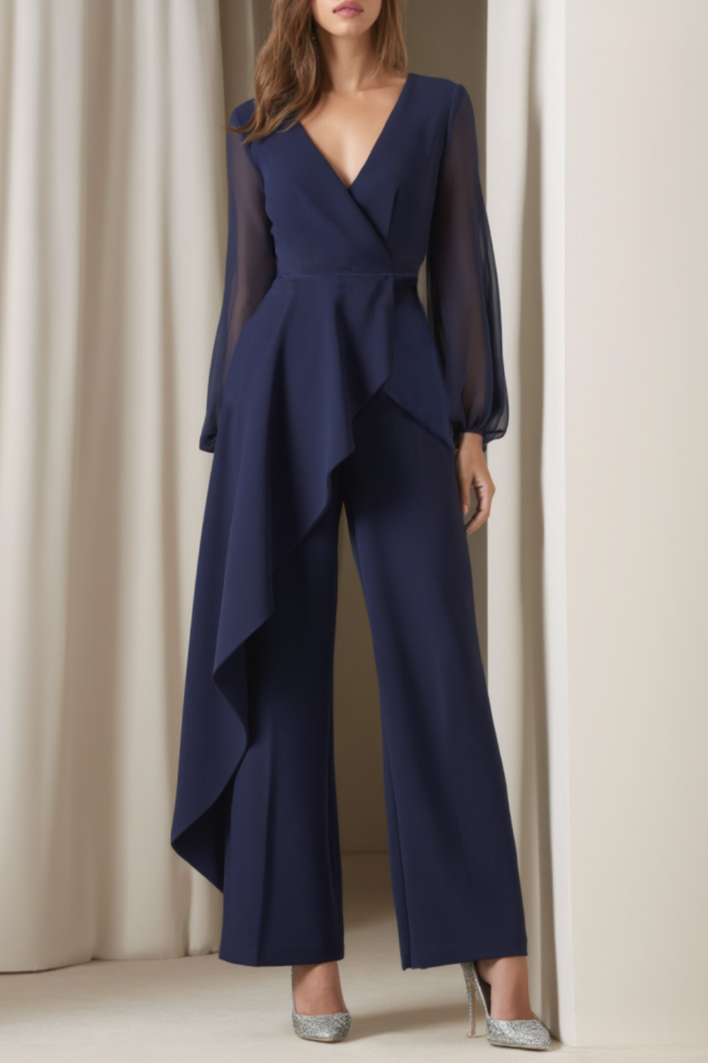 Casual Set Navy V Neck Ruffle Long Sleeve Wide-Leg Pants Set