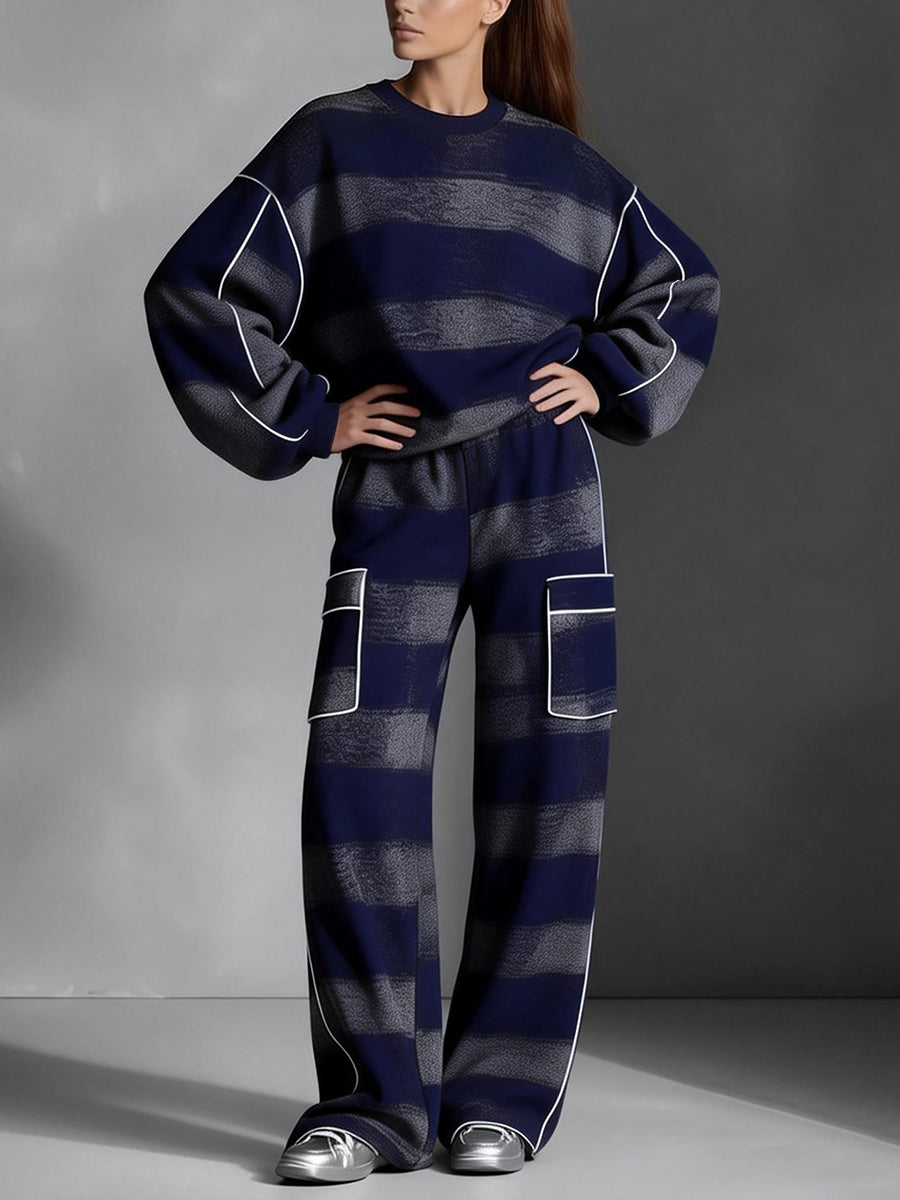 Loose Wide Leg Contrast Color Line Pockets Split-Joint Striped Pants