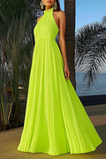 Vacation Halter Dress Neon Green Pleated Maxi Dress