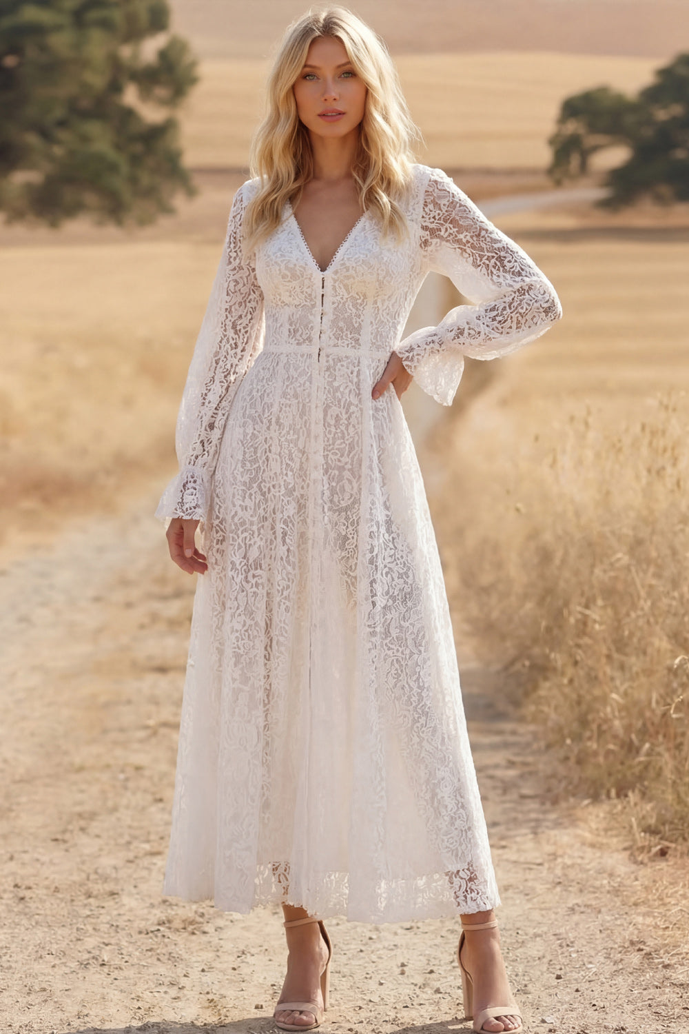 White Boho Dress A-Line V-Neck Long Sleeve Lace Maxi Dress