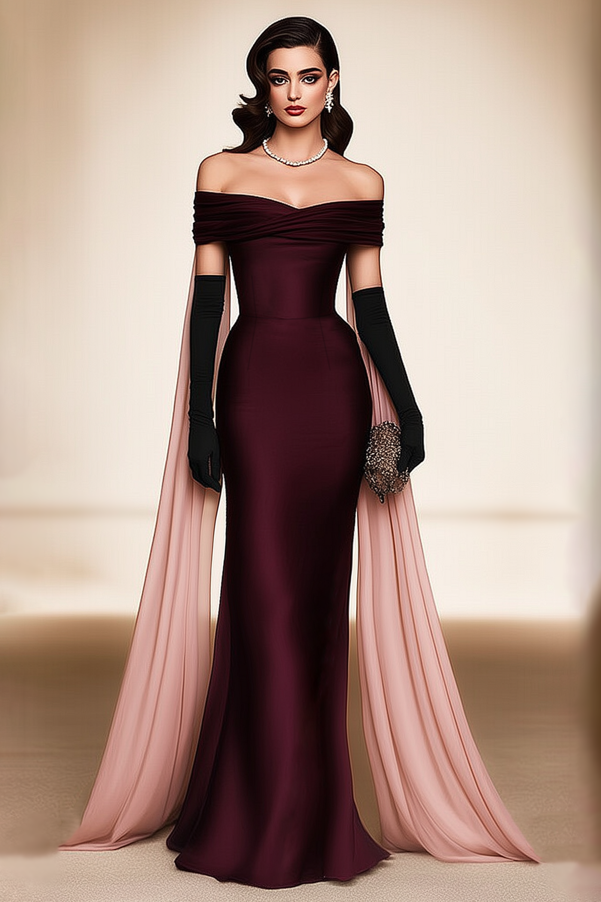 Evening Dress Burgundy Off The Shoulder Cape Maxi Dress