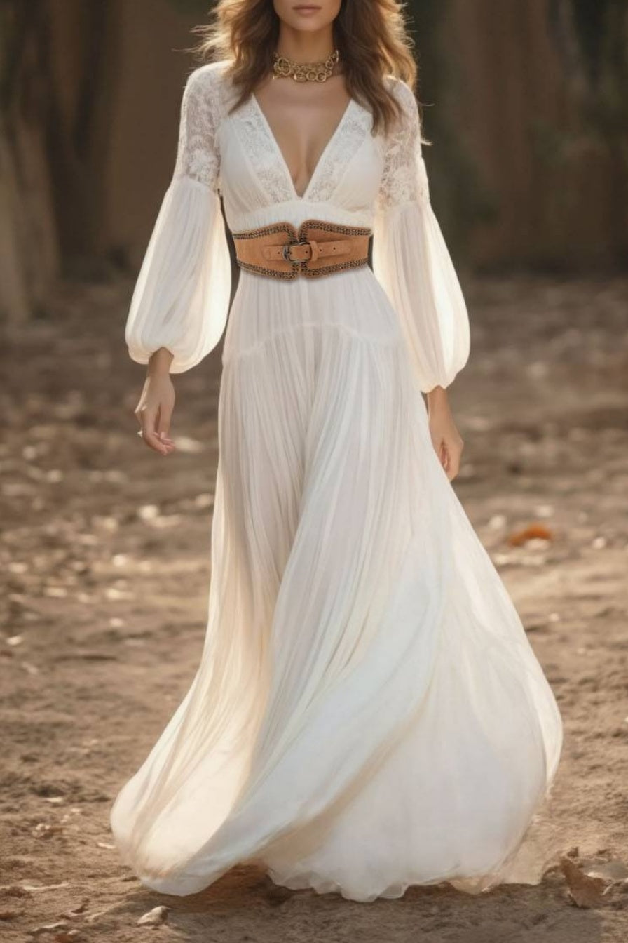 Bohemian Swing Dress White V Neck Belted Maxi Dress