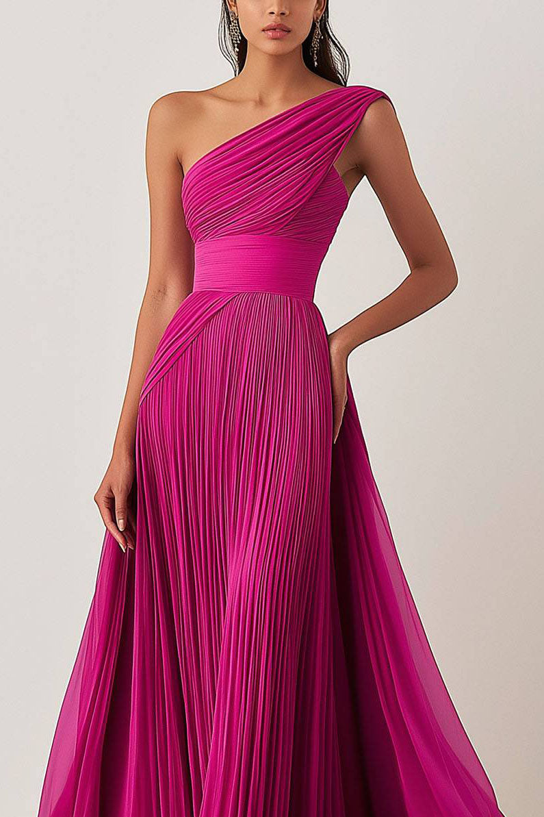 Prom Formal Pleated Dress Rose Color One-Shoulder Maxi Dress