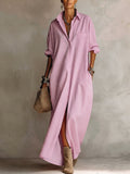 Long Sleeves Loose Buttoned Pockets Solid Color Lapel Maxi Dresses Shirt Dress