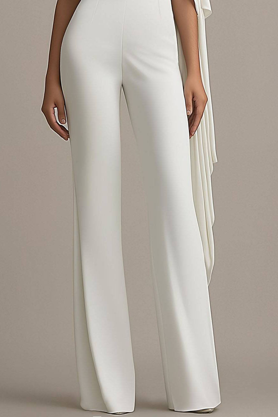 Formal Off-The-Shoulder White Draped Wide-Leg Jumpsuit