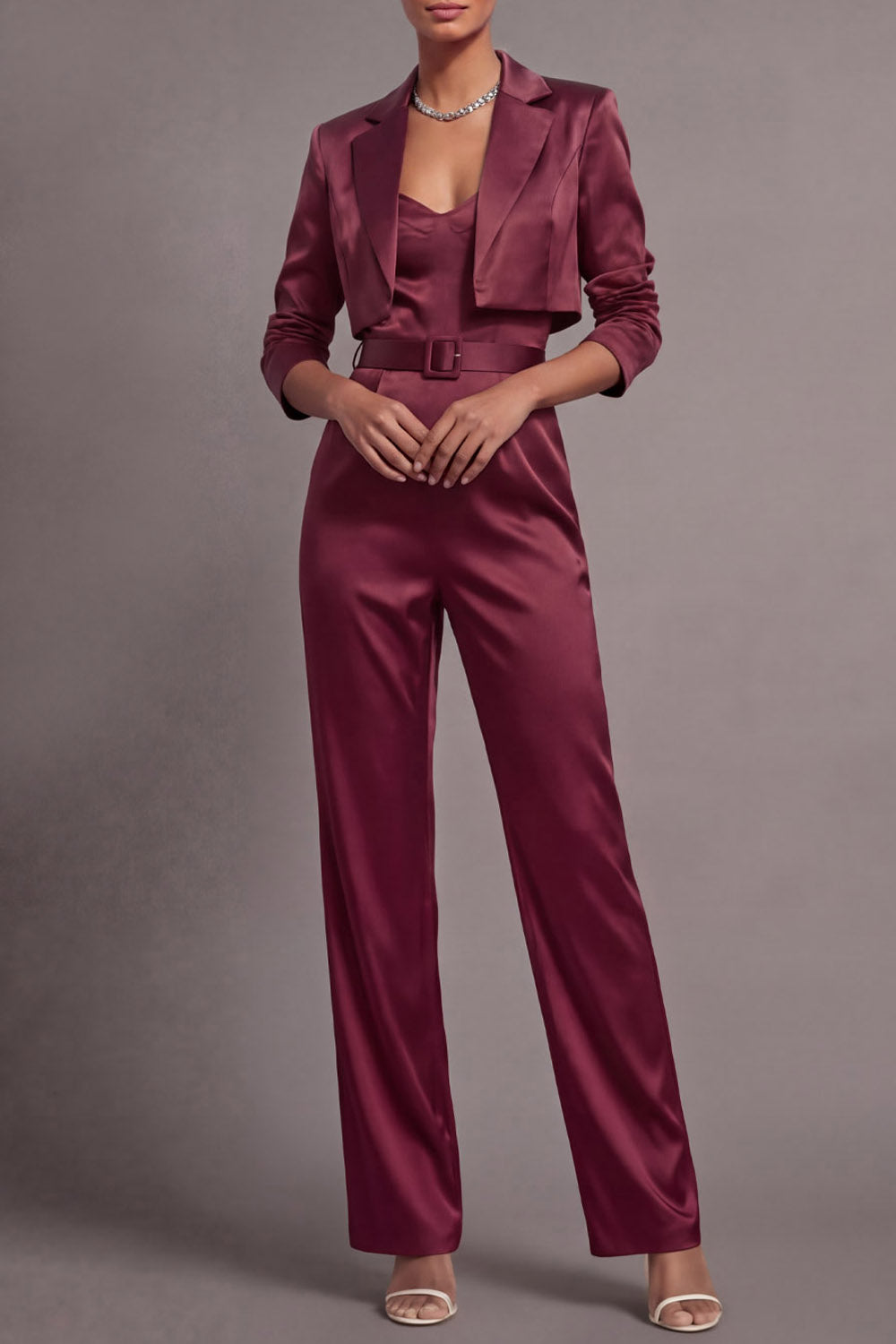 Burgundy Party Blazer Suit Sets Lapel Long Sleeve Jumpsuit Pants Set