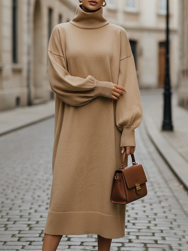 Long Sleeves Loose Solid Color High Neck Midi Dresses Sweater Dresses