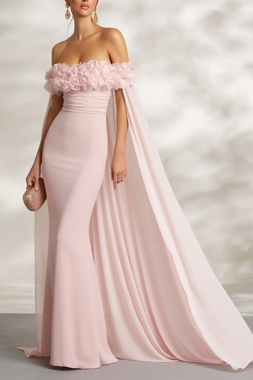 Formal Dress Pink Off Shoulder 3D Floral Cape Maxi Dress