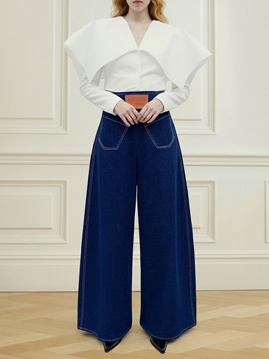 High Waisted Loose Elasticity Pockets Solid Color Zipper Jean Pants Bottoms