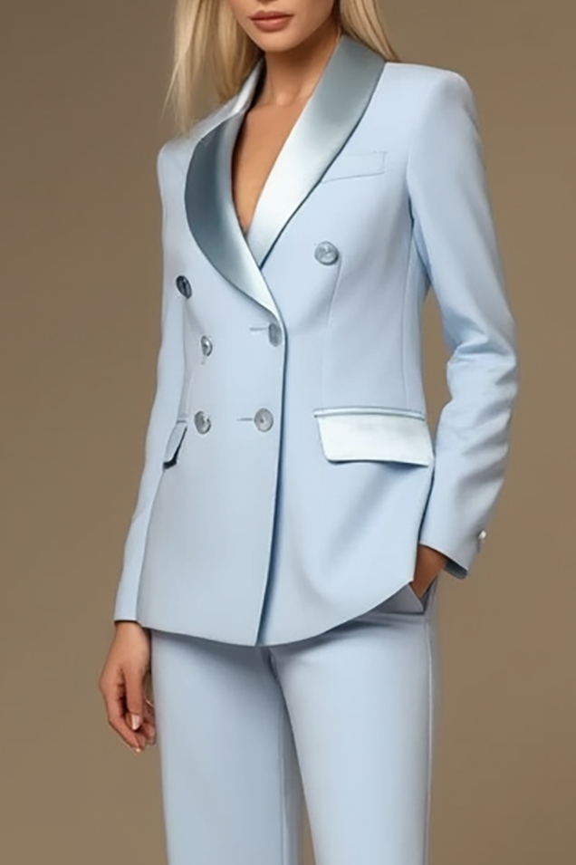 Work Formal Pants Suit Light Blue Long Sleeve Pocket Blazer Set