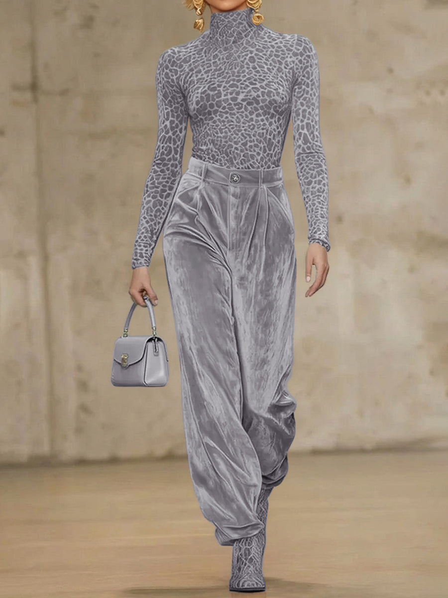 High Waisted Pleated Pockets Solid Color Velvet Pants Trousers
