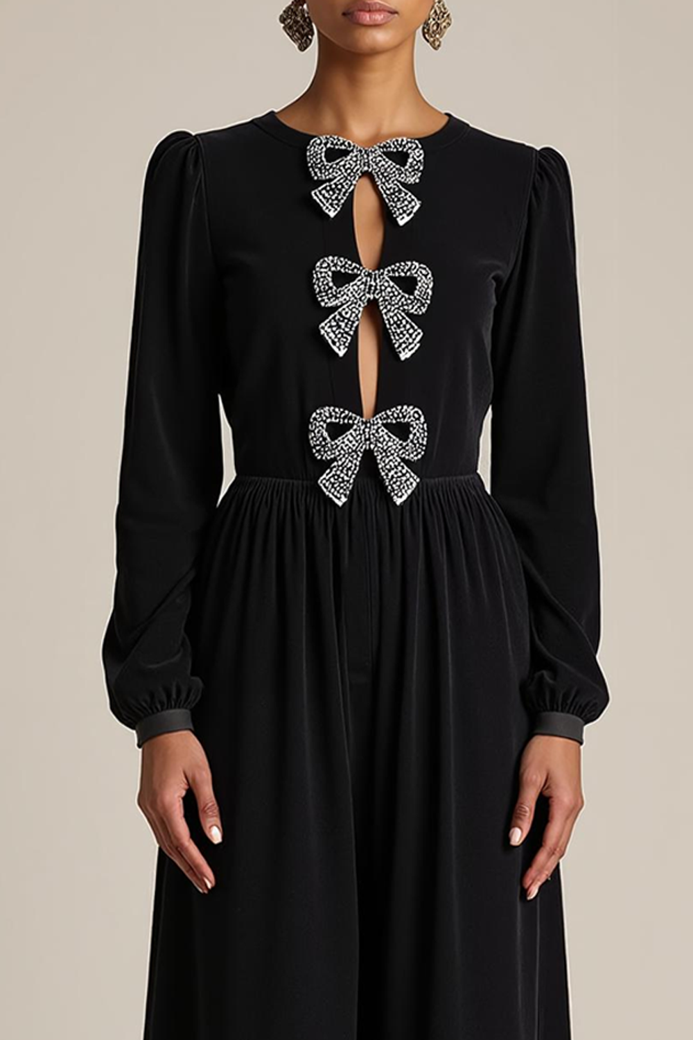 Black Formal Evening Dress A-Line Crew Neck Long Sleeves Bowknot Maxi Dress