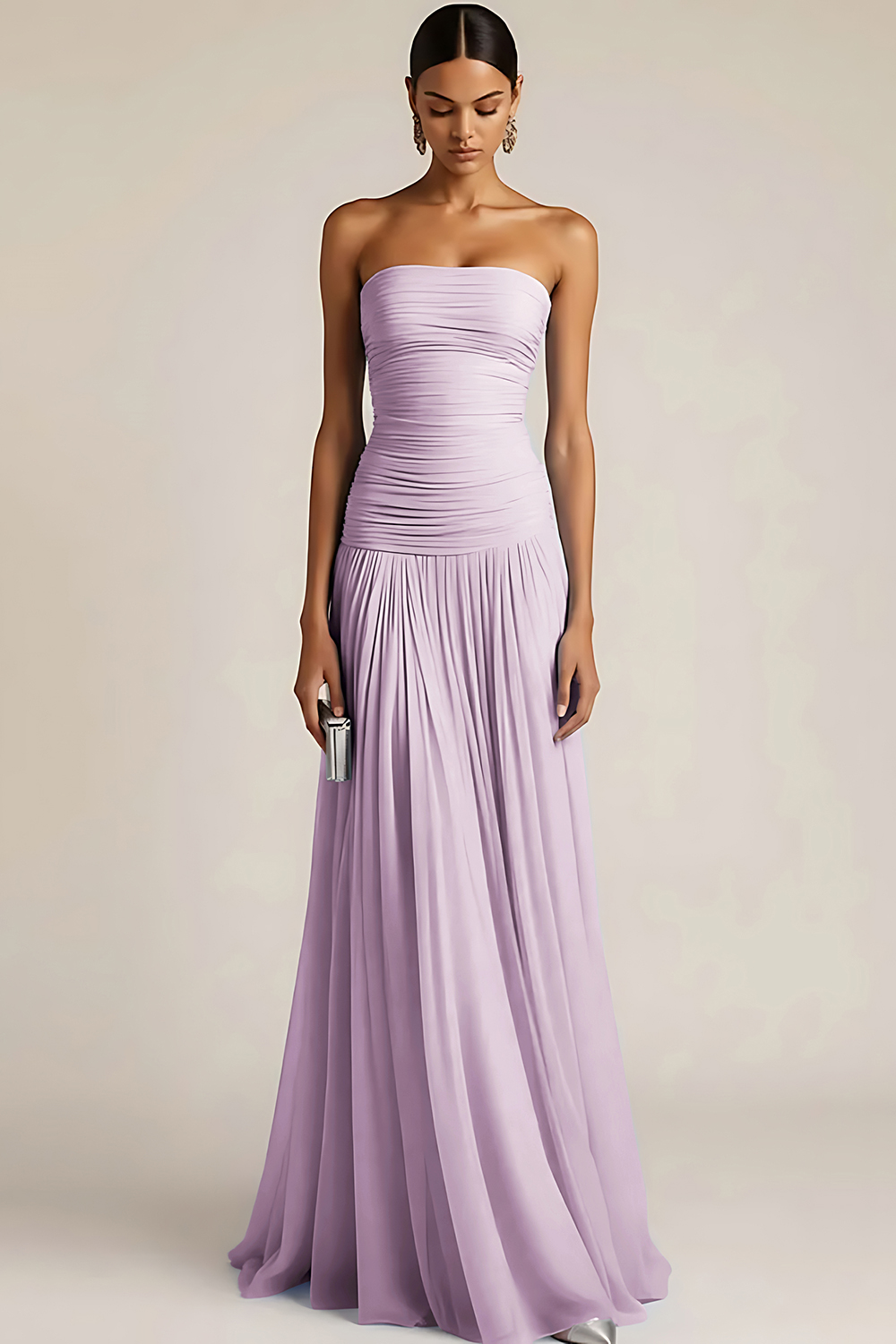 Light Blue Formal Wedding Bridesmaid Dress Strapless Chiffon Maxi Dress