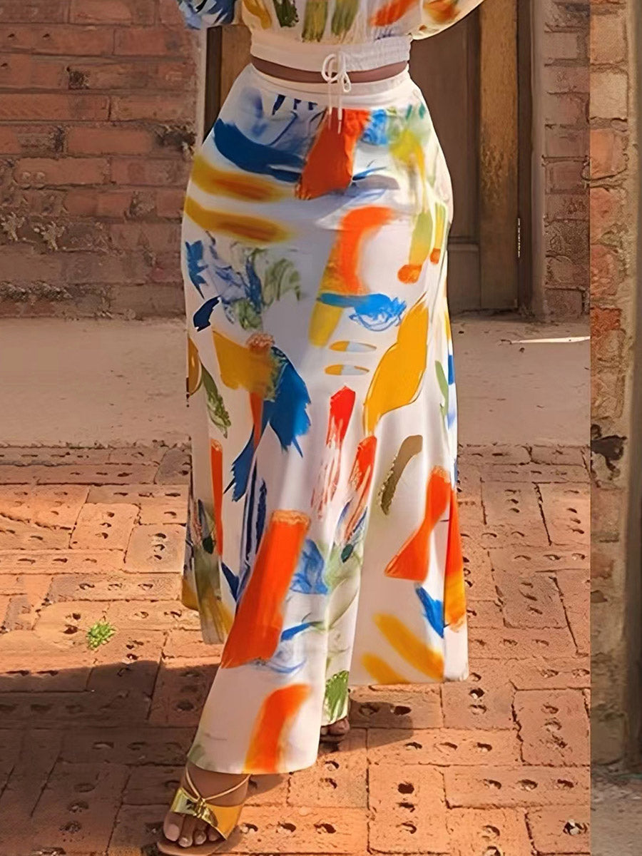 A-Line Elasticated Waist Contrast Color Graffiti Printed Split-Joint Skirts Bottoms