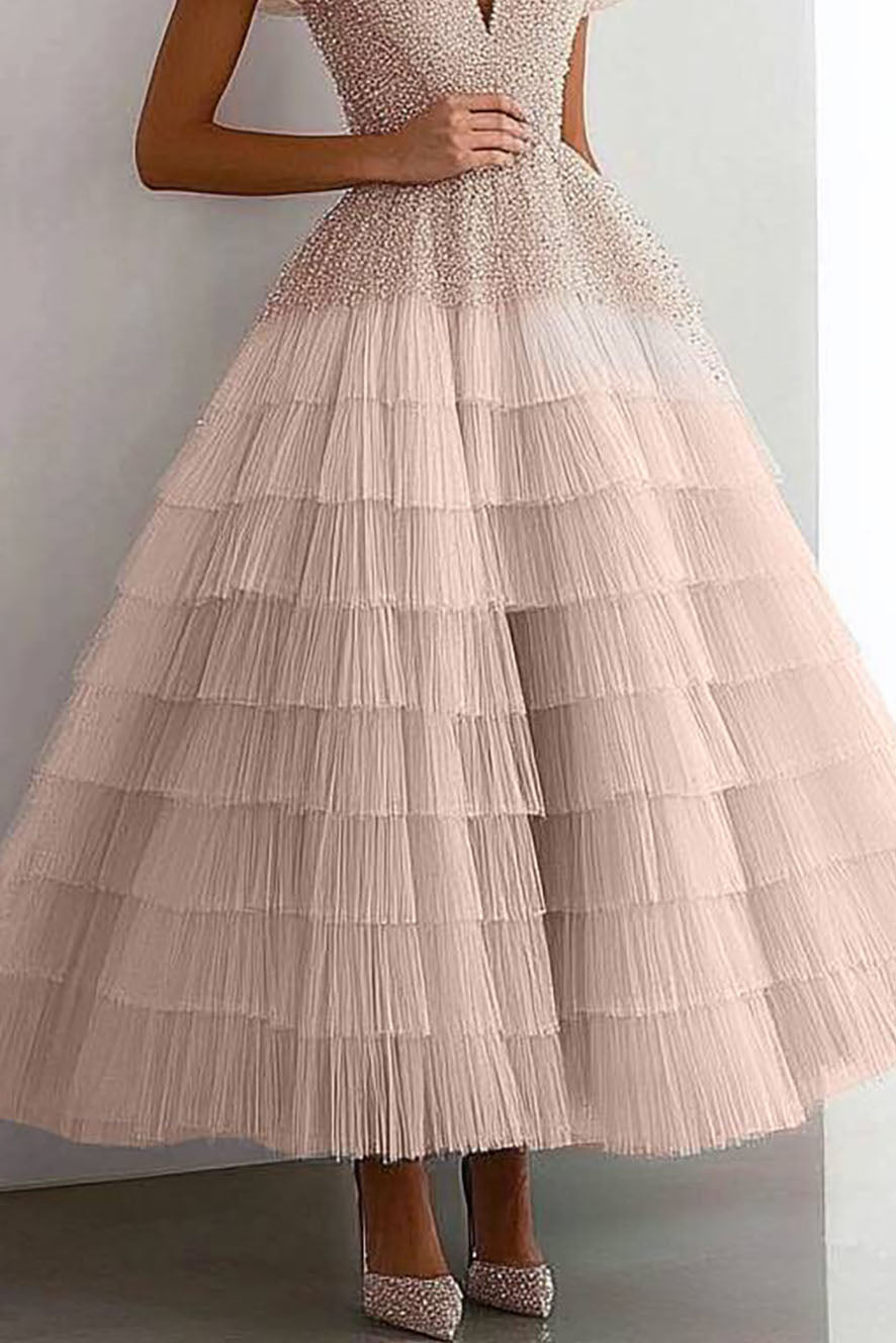 Evening Prom Tiered Dress Off-The-Shoulder Rhinestone Ruffled Graduation Dress