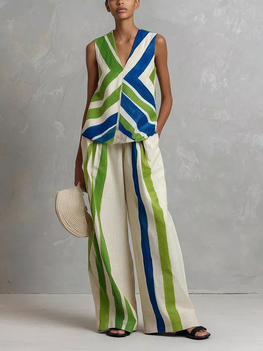 High Waisted Loose Contrast Color Pockets Striped Pants Trousers