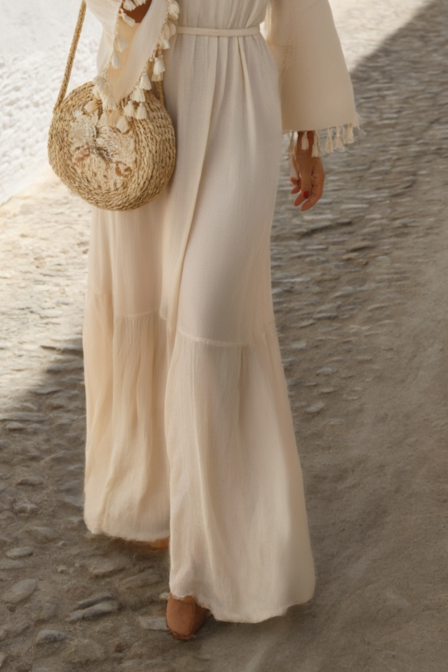 Bohemian Dress Beige V Neck Tassel Maxi Dress