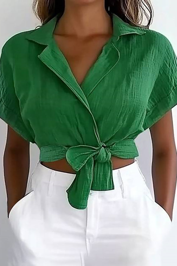 Casual Daily Top Green Linen Collared Short-Sleeve Crop Shirt