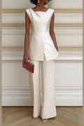 Business Outfit Sets White Square Neck Pleated Pant