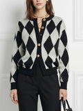 Long Sleeves Buttoned Plaid Round-Neck Cardigan Tops