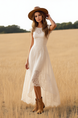 Boho Lace Dress White Crew Neck Maxi Dress