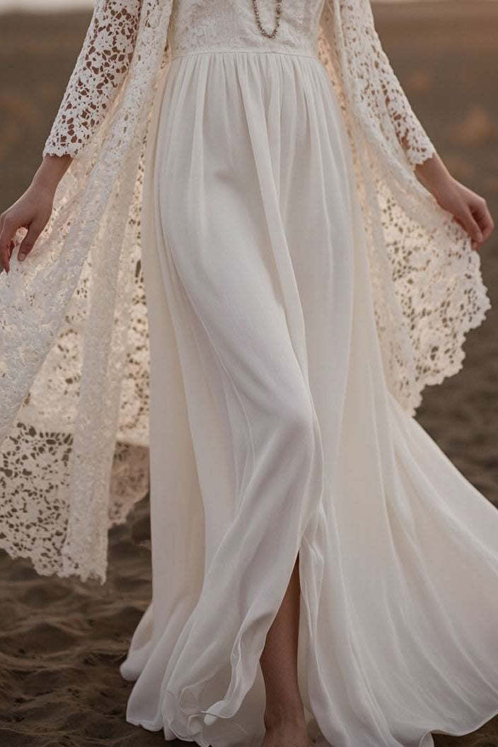 Vacation Lace Dress Set Long Sleeve Cardigan V-Neck Maxi Dress Set