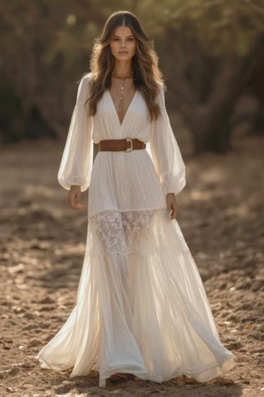Bohemian Swing Lace Dress White V Neck Belted Maxi Dress
