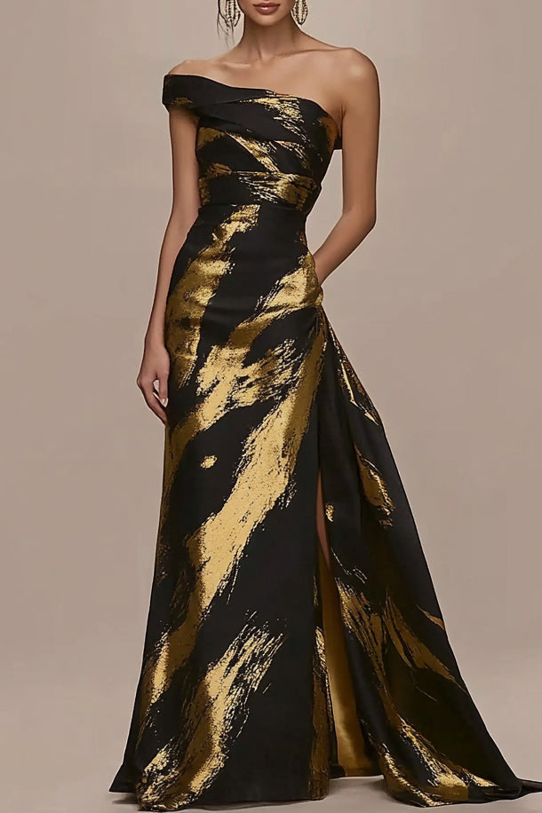 Formal Evening Black Gold Dress Off The Shoulder Split Maxi Dress