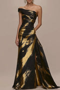 Formal Evening Black Gold Dress Off The Shoulder Split Maxi Dress