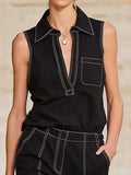 Loose Sleeveless Line Solid Color Lapel Vest Top