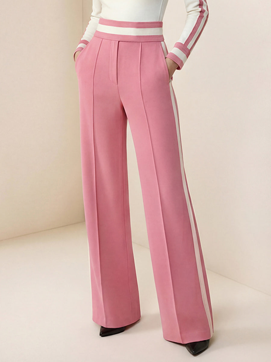 Loose Wide Leg Contrast Color Pockets Split-Joint Striped Pants