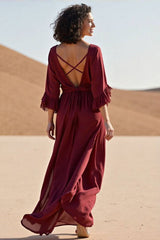 Bohemian Vacation Dress Deep Red V-Neck Maxi Dress