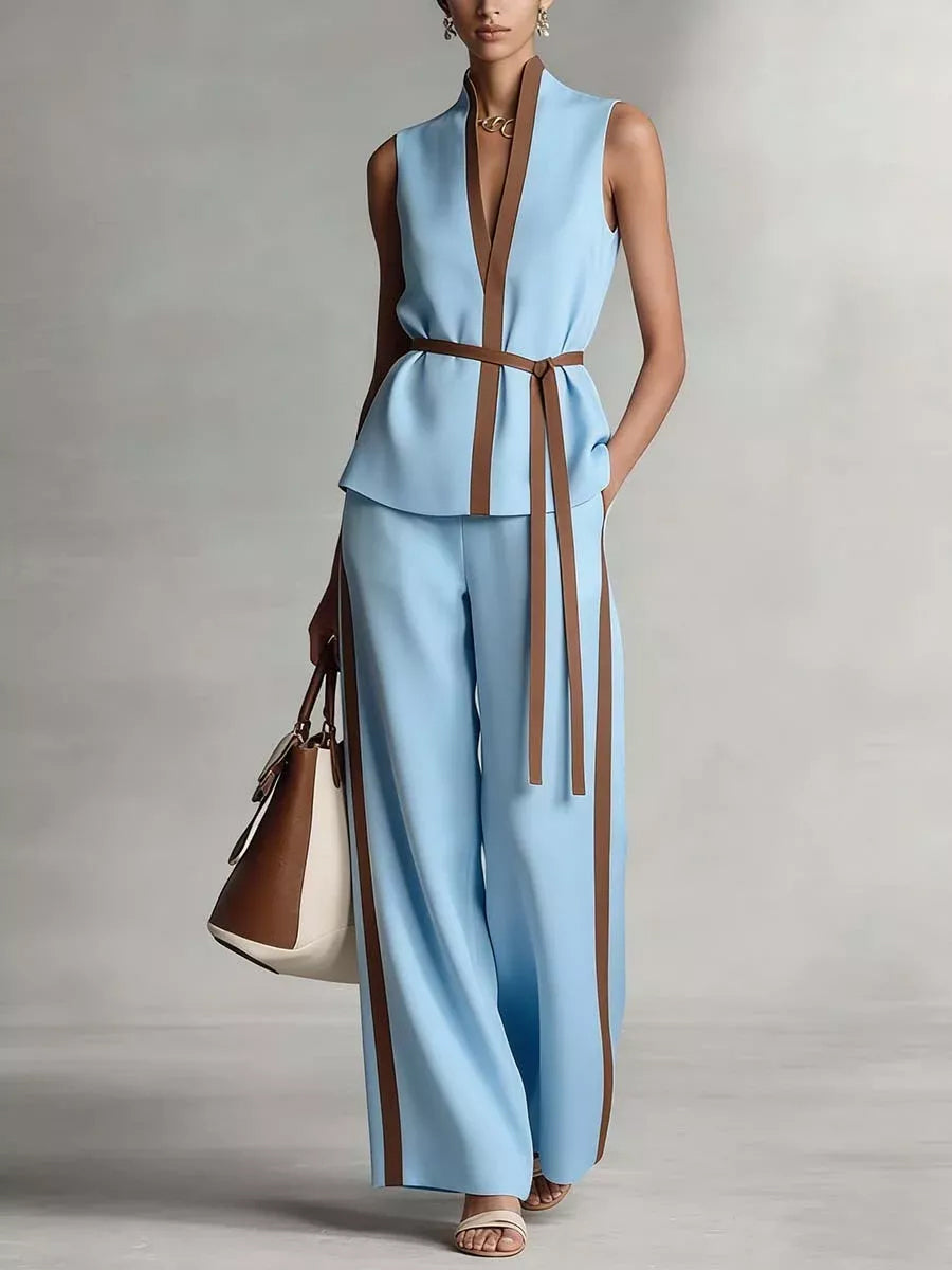Loose Sleeveless Contrast Color Tied Waist V-neck Tank Top