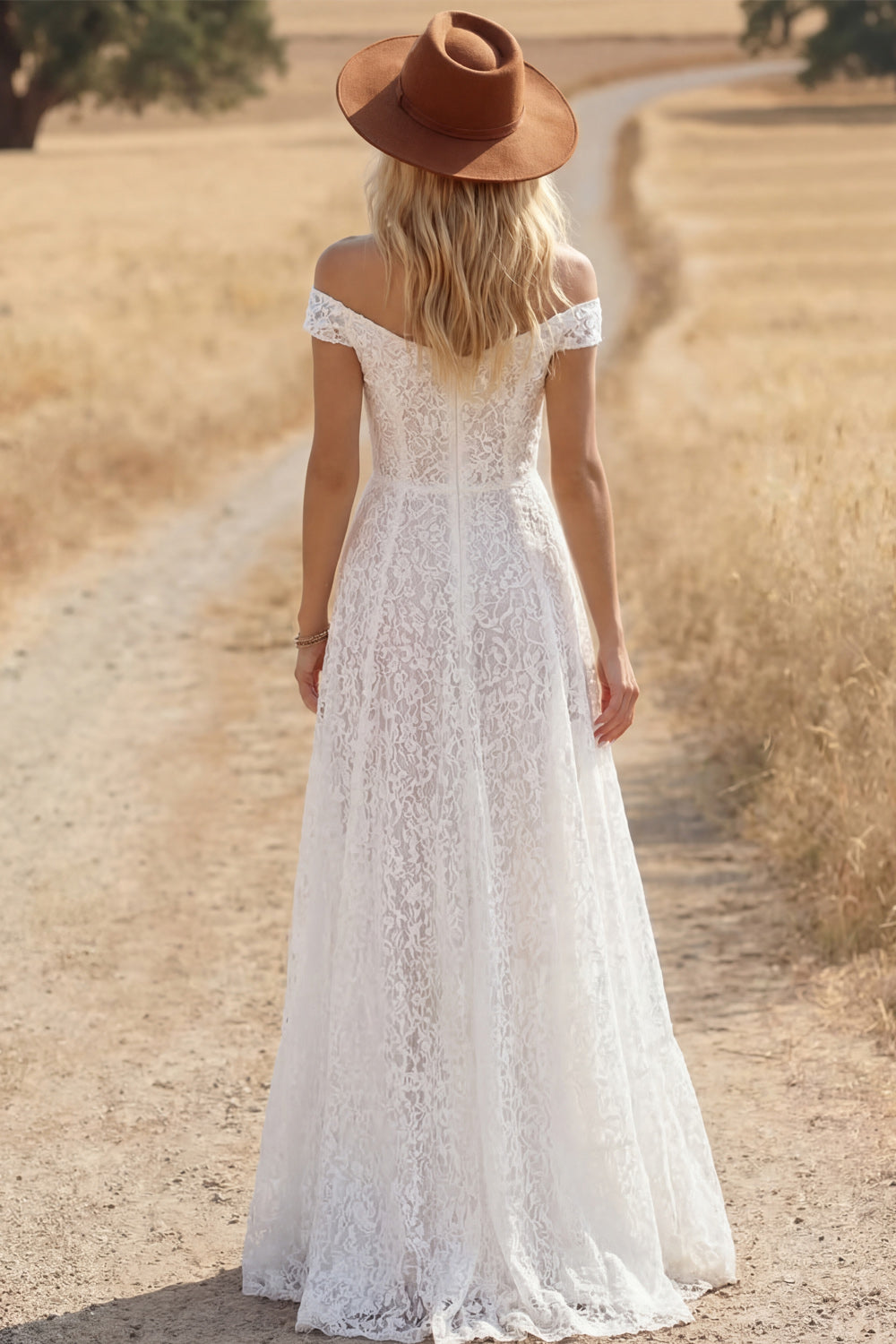 Navy Boho Dress A-Line Off the Shoulder Lace Maxi Dress with Slit