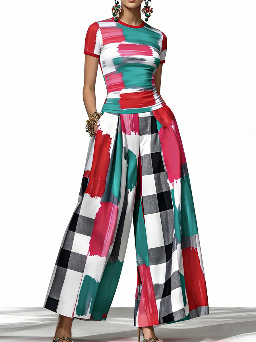 High Waisted Wide Leg Contrast Color Plaid Pleated Pockets Split-Joint Pants Trousers
