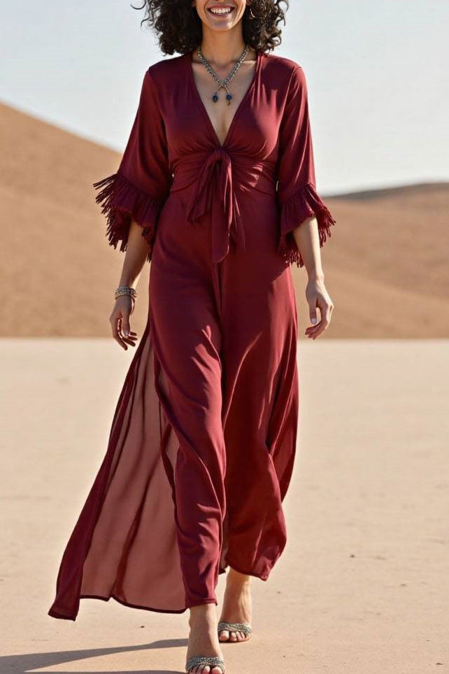 Bohemian Vacation Dress Deep Red V-Neck Maxi Dress