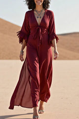 Bohemian Vacation Dress Deep Red V-Neck Maxi Dress