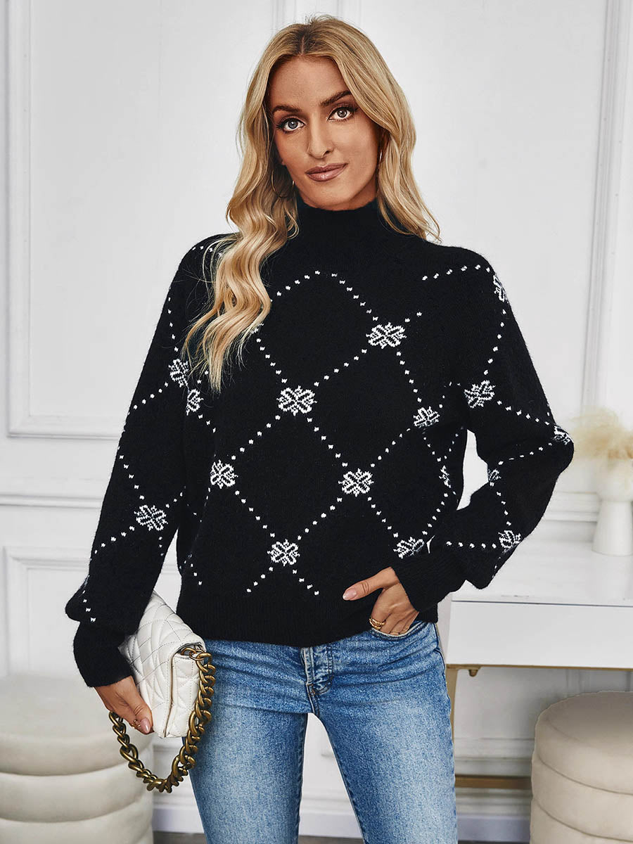 Long Sleeves Loose Contrast Color Flower Print Geometric Split-Joint Half Turtleneck Sweater Tops
