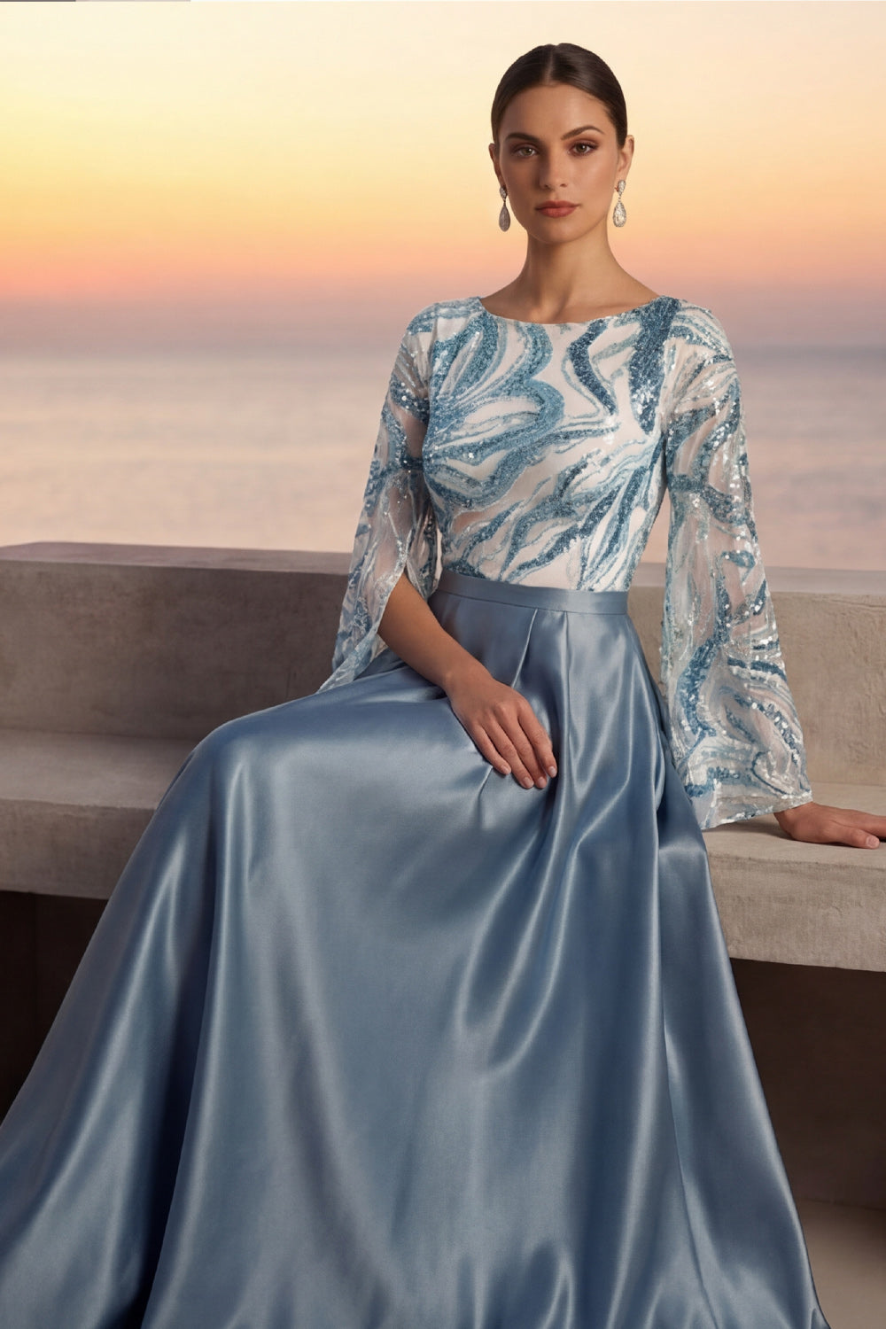 Dusty Blue Wedding Guest Dress A-Line Crew Neck Sequin Maxi Dress