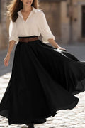 Casual Swing Shirt Skirt Set Black White Lapel Maxi