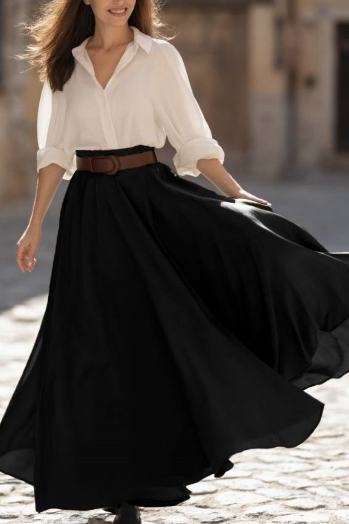Casual Swing Shirt Skirt Set Black White Lapel Maxi