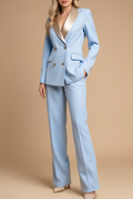 Work Formal Pants Suit Light Blue Gold Lapel Pocketed Blazer Set